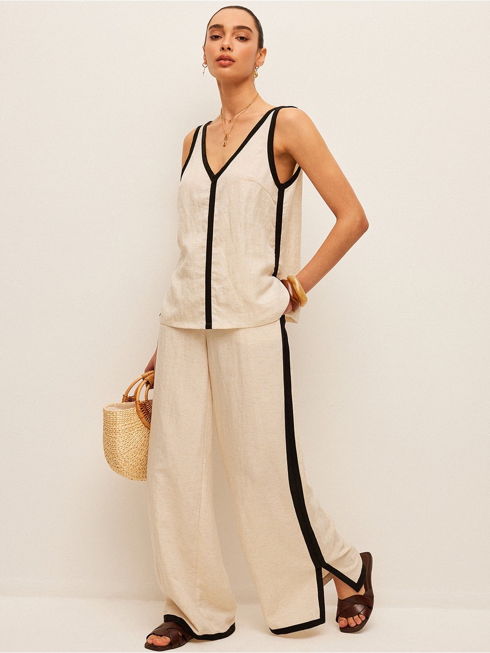 Commense Cotton and Linen Contrast Trim Cream and Black V Neck and Pants Set